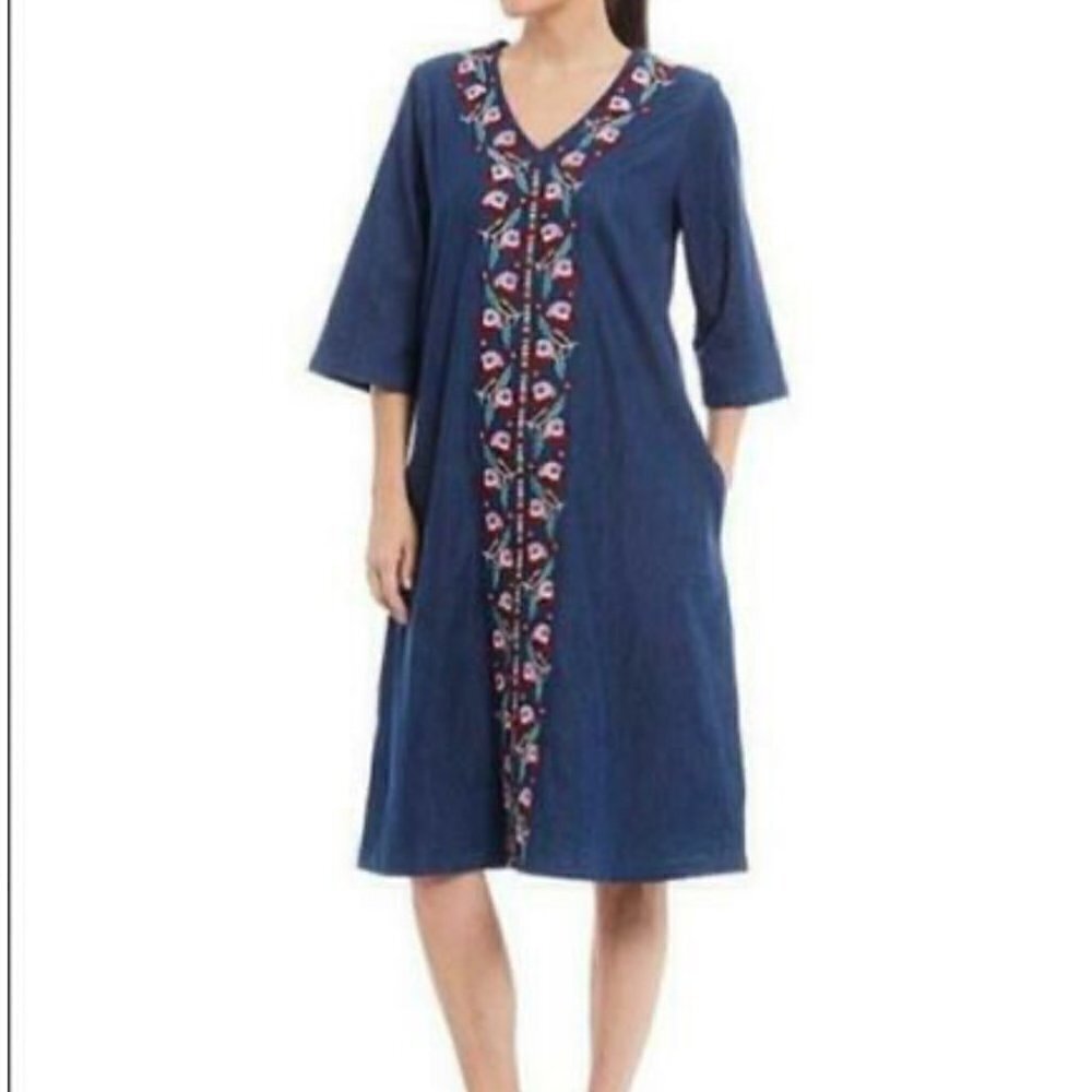 GO SOFTLY PATIO COTTON DENIM DRESS WOMENS LARGE FLORAL EMBROIDED SIZE S POCKETS